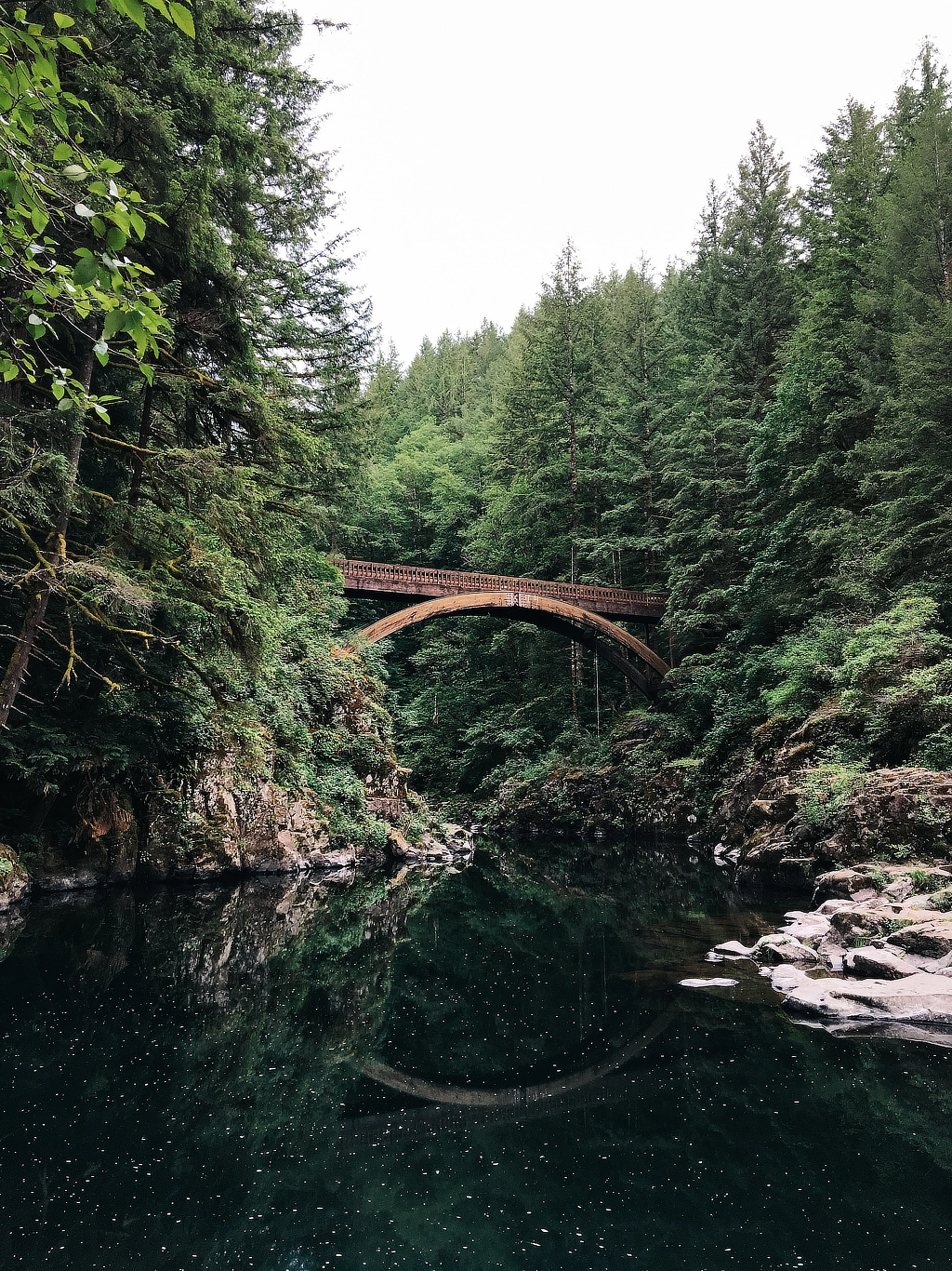 Une rivière encaissée entourée de forêt, traversée au second plan par un pond en arc de cercle.